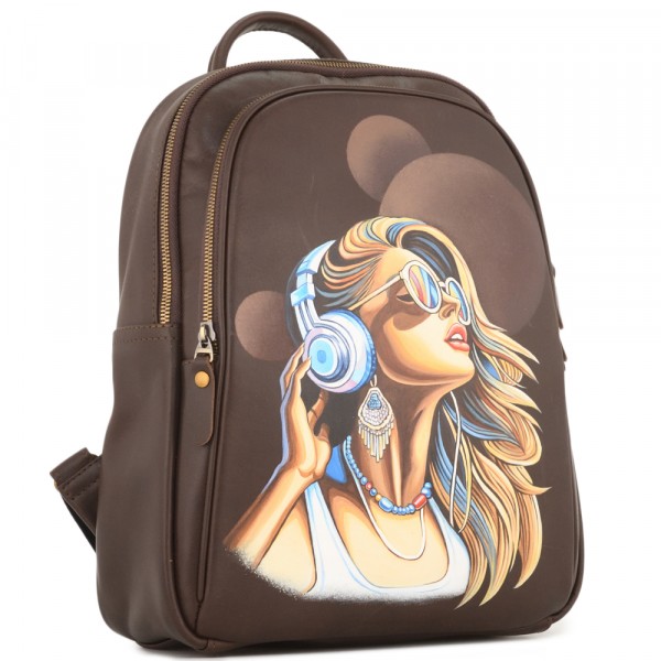 Кожаный рюкзак "Рамона" "Девушка в наушниках" (коричневый). фото 1