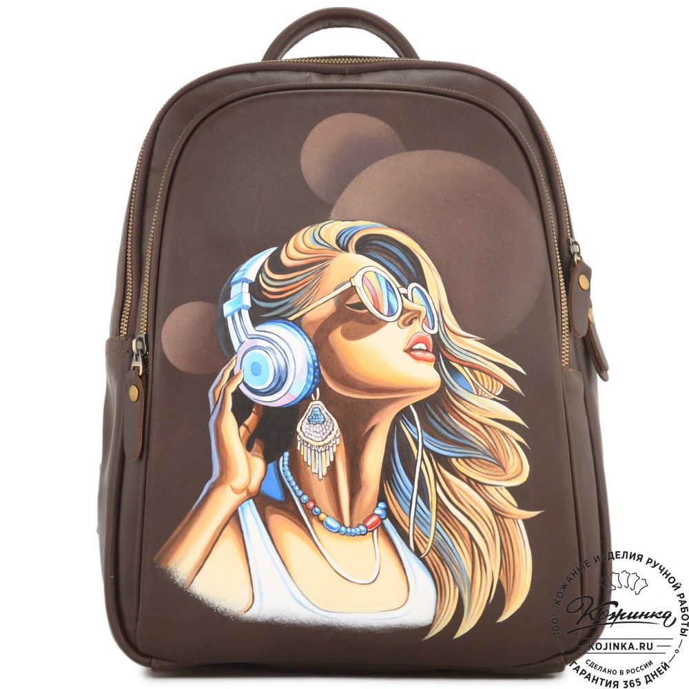 Кожаный рюкзак "Рамона" "Девушка в наушниках" (коричневый)