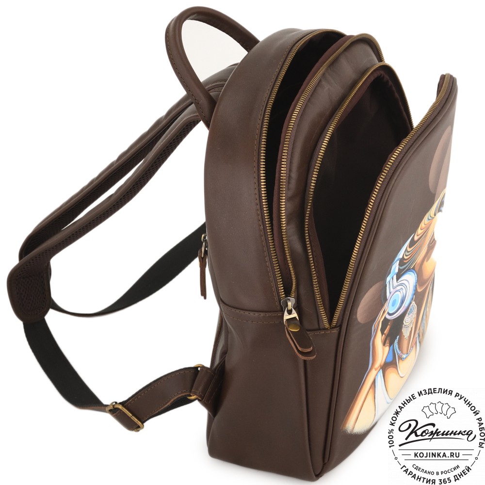 Кожаный рюкзак "Рамона" "Девушка в наушниках" (коричневый)