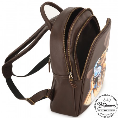 Кожаный рюкзак "Рамона" "Девушка в наушниках" (коричневый)