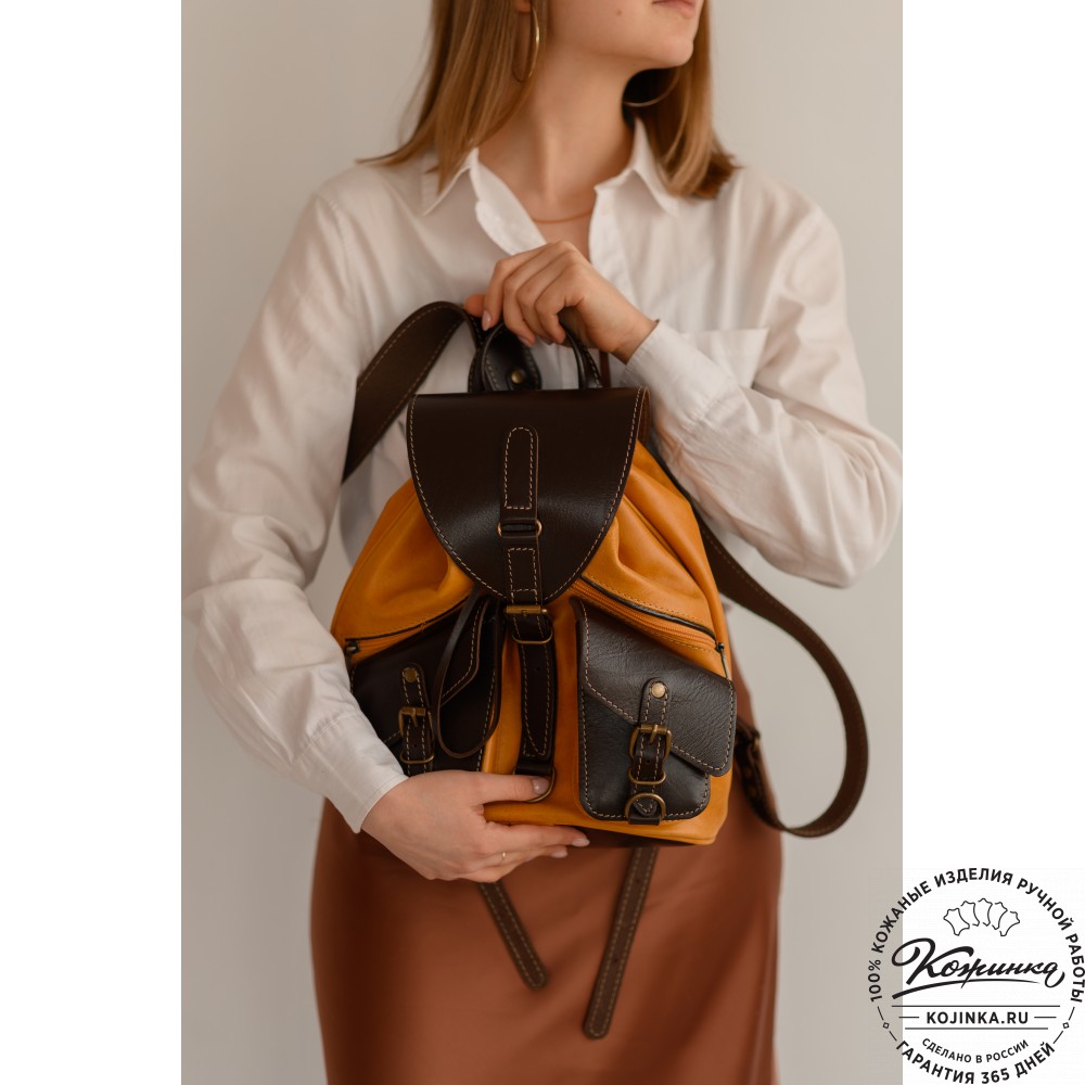 Кожаный рюкзак "Пилот" (синий с коричневым)