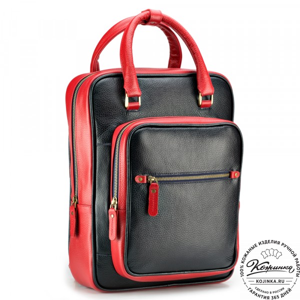 Кожаный рюкзак "Касандра" (синий с красным). фото 1