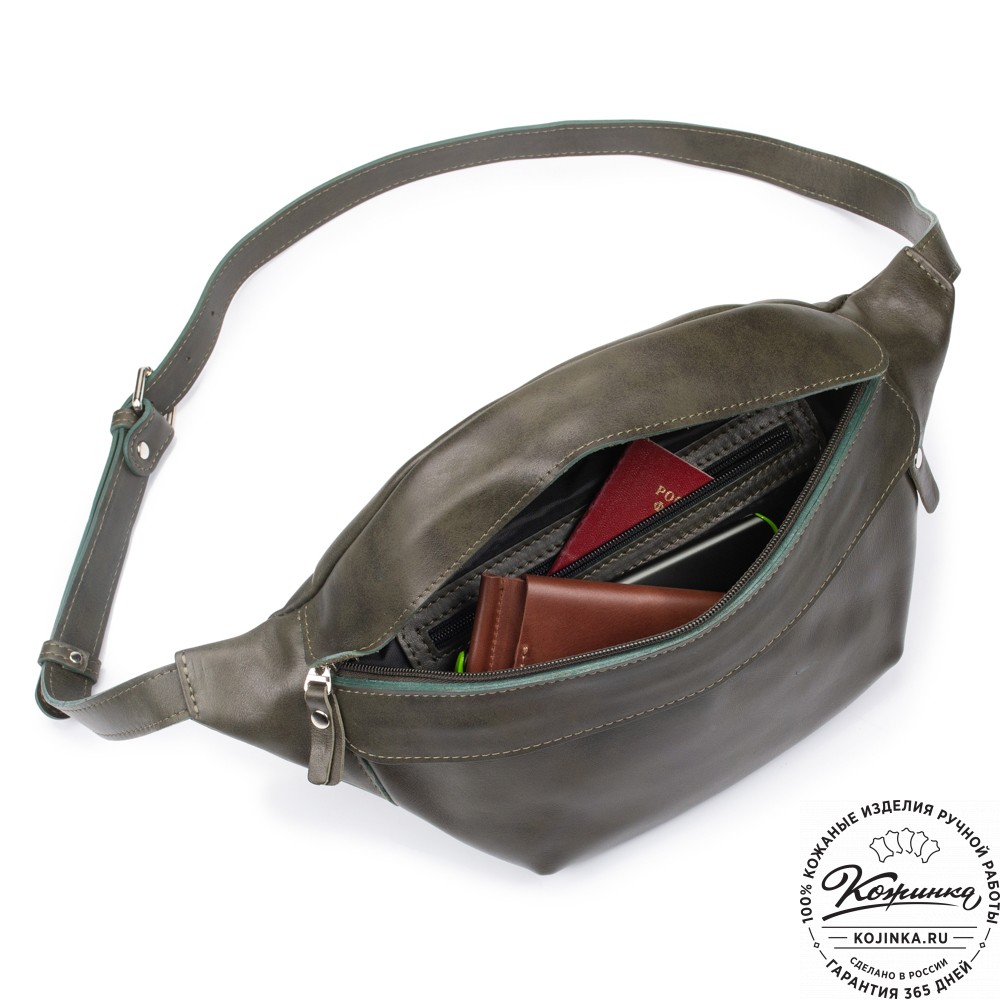 Кожаная сумка на пояс "Камиль" (хаки гладкая кожа) 
