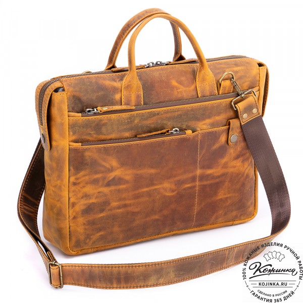 Кожаная деловая сумка "Гранд" (рыжий крейзи). фото 1