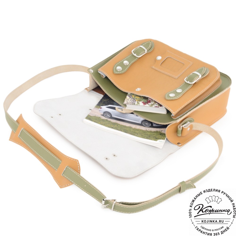 Кожаный портфель "Сатчел" (охра с зеленым) 