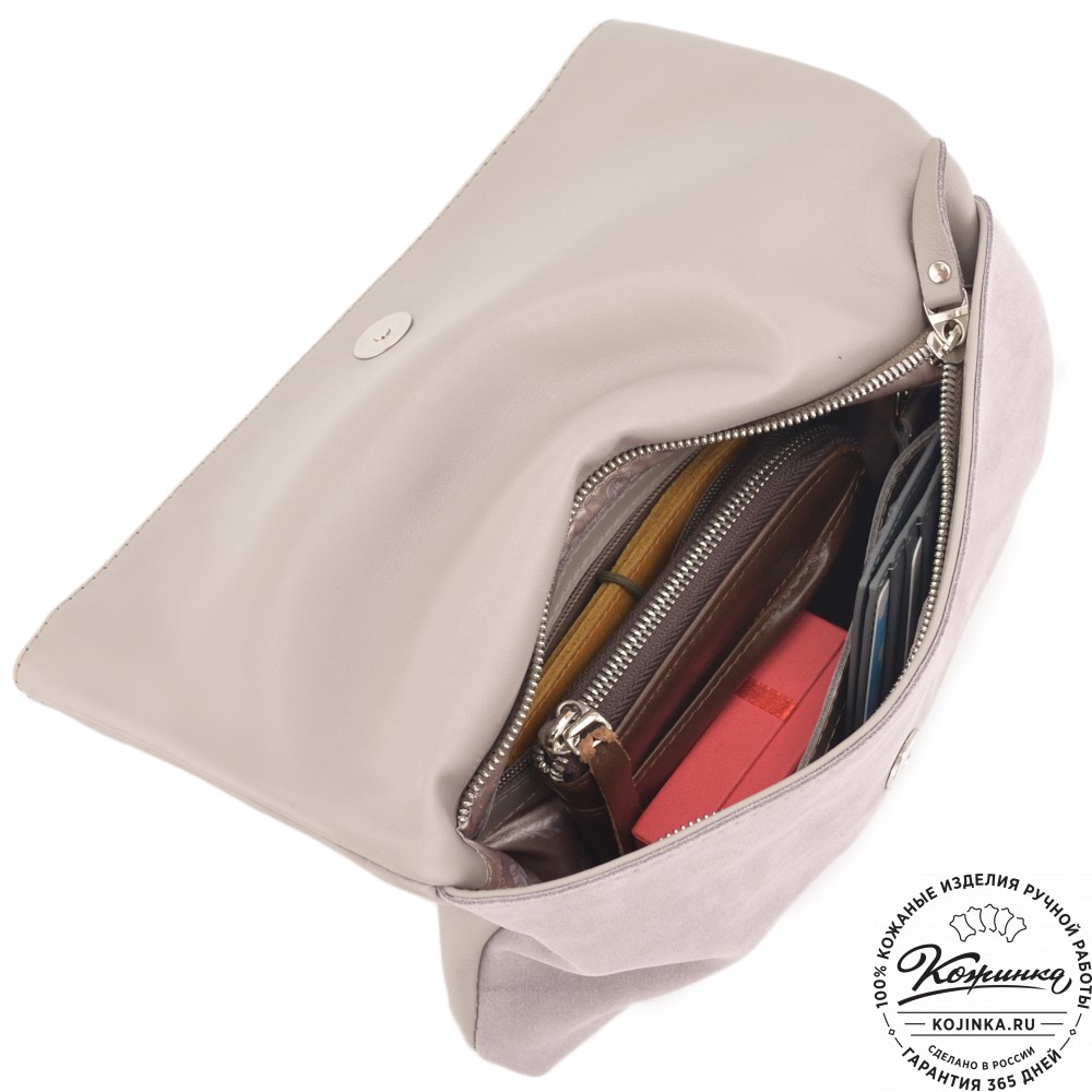 Кожаный клатч "Молли" с отделкой велюр (бежево-серый)