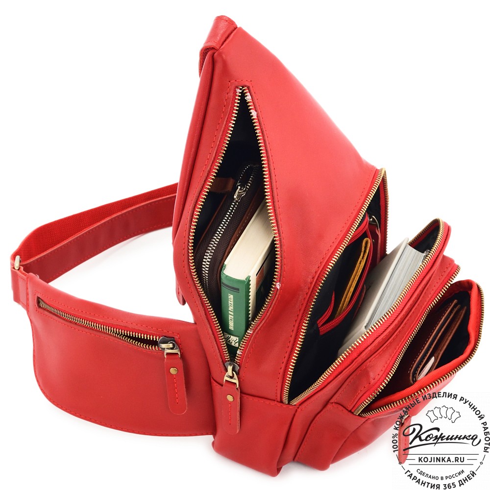  Кожаная сумка на грудь "Аполлон" (красная гладкая кожа)