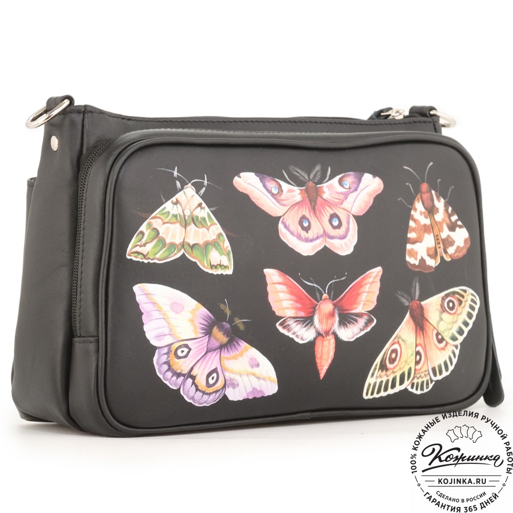Женская кожаная сумка "Эмма" "Мотыльки" (черный)