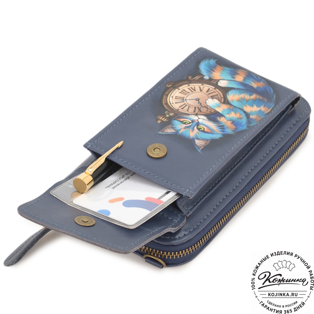 Кожаный клатч "Чукотка" "Чешир с часами" (синий)