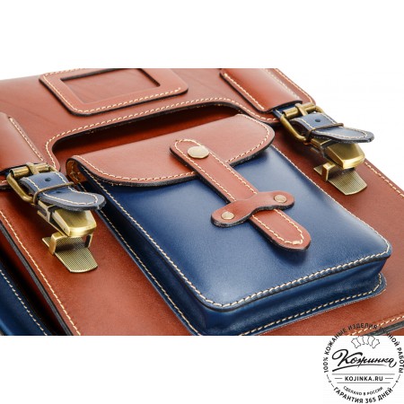 Кожаный ранец-портфель "Джон" (коричневый с синим)