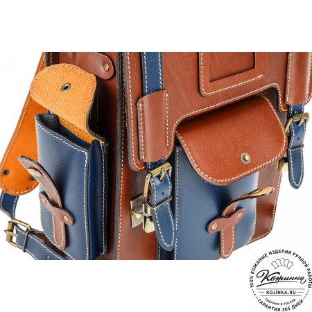 Кожаный ранец-портфель "Джон" (коричневый с синим)